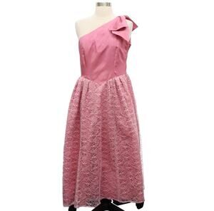 Vintage 1980s Mauve Lace One Shoulder Bow Formal Midi Dress Women's Small